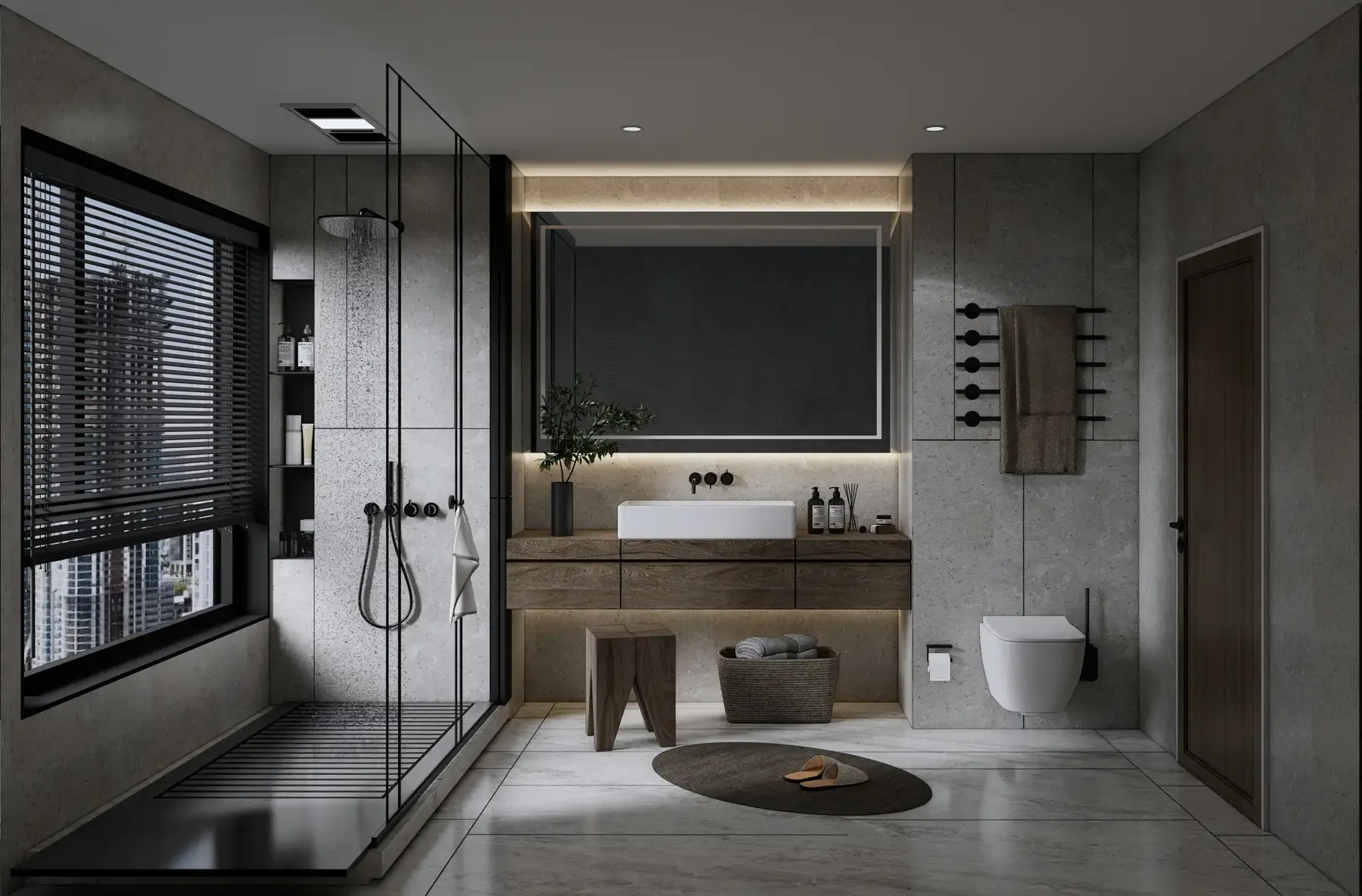A modern dark-tiled bathroom with a floating vanity