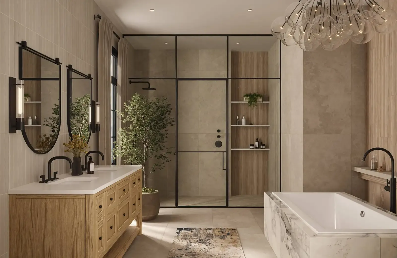 A warm stone bathroom with a glass shower and tub