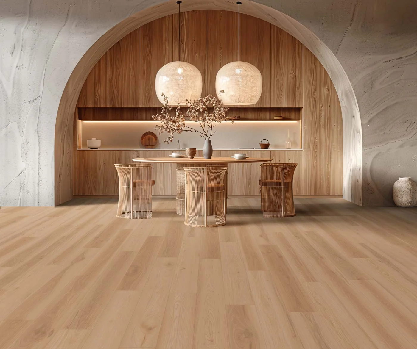 A dining area under a wood arch with light oak plank flooring