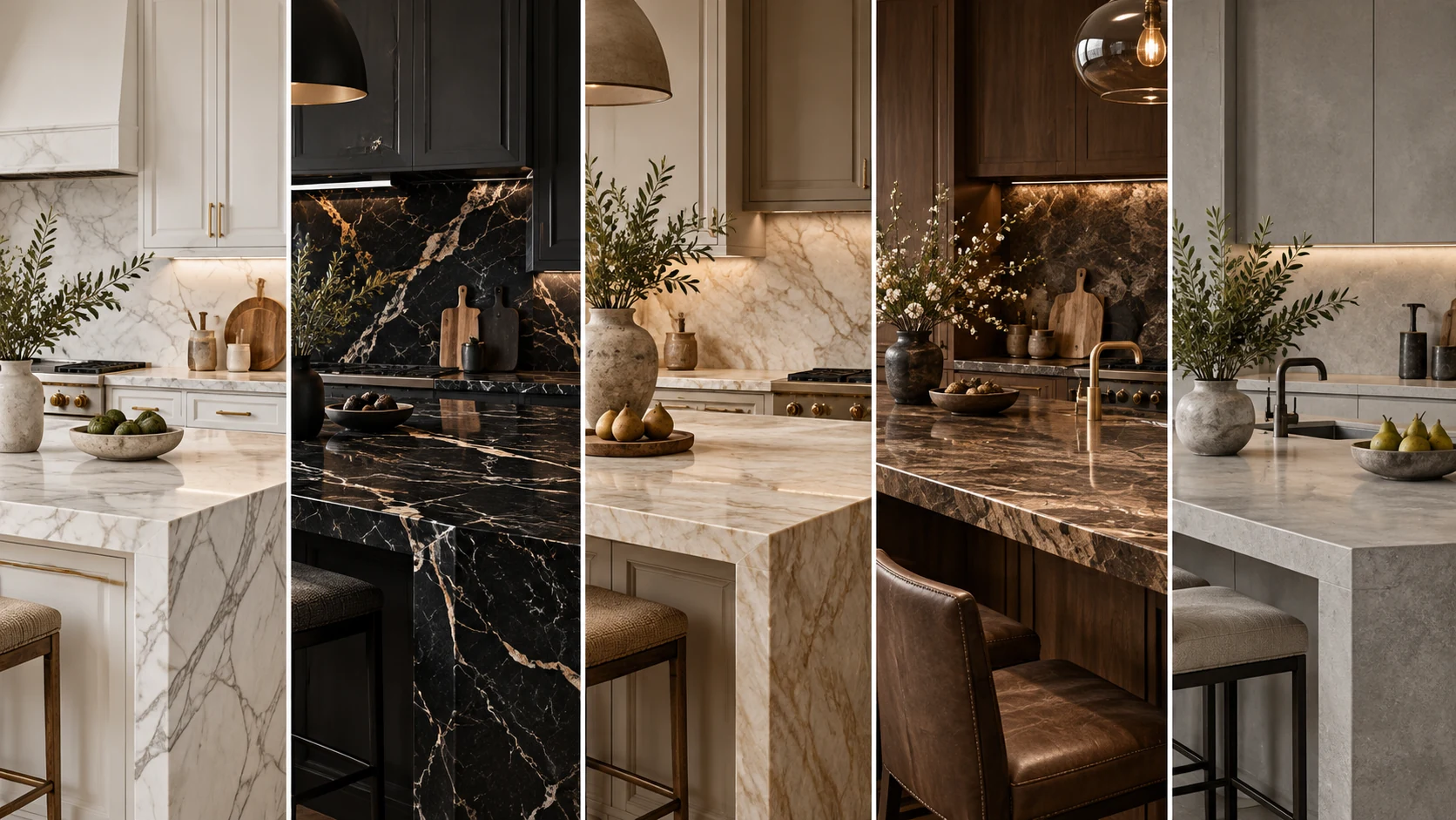Five kitchen countertop options side by side: white, black and gold, warm cream, rich brown and soft gray stone
