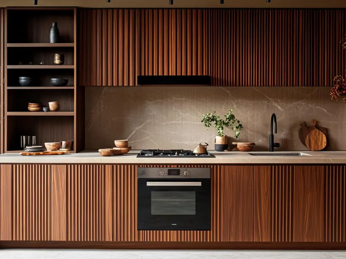 Fluted walnut cabinetry with a stone backsplash