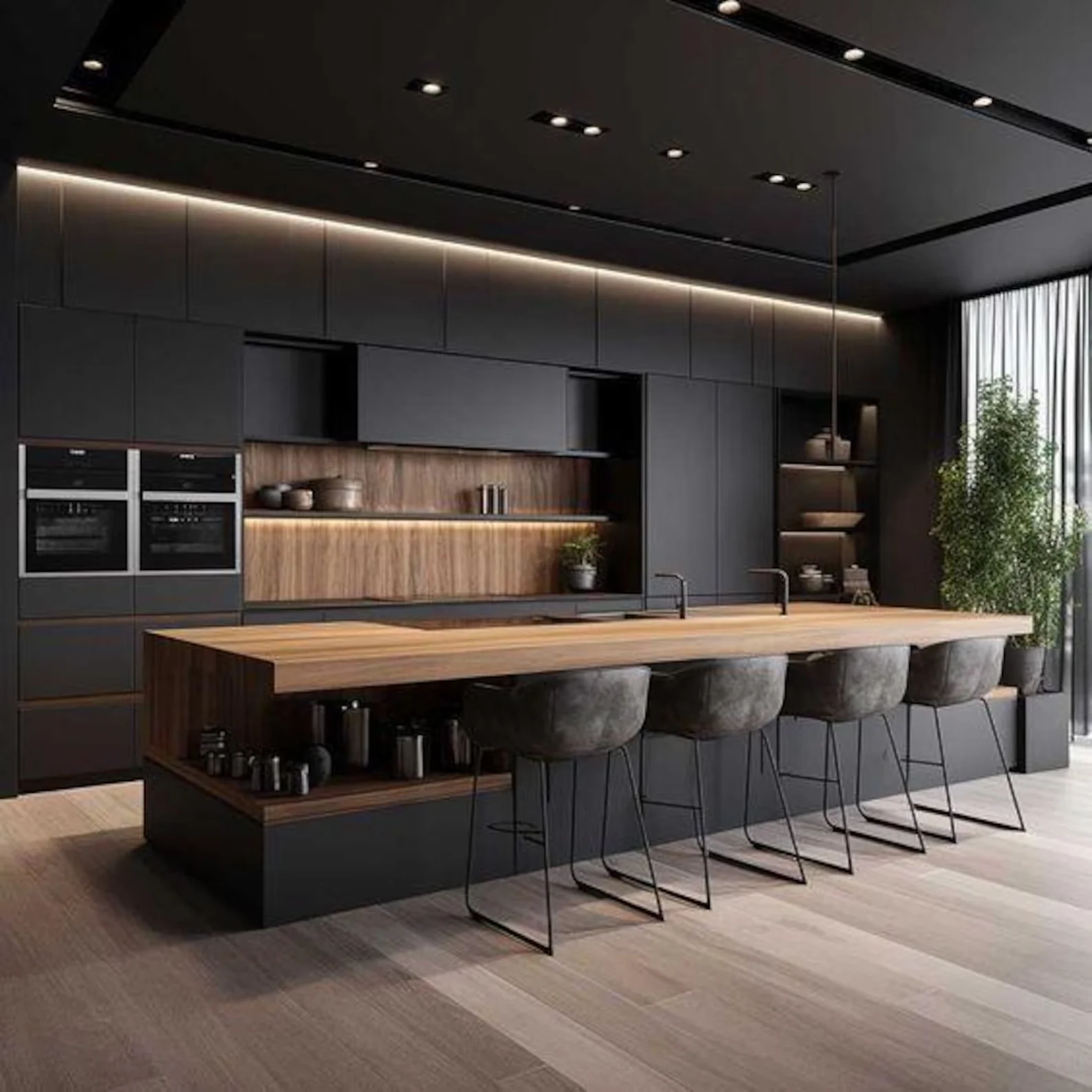 A modern matte black kitchen with a long wood island and four stools