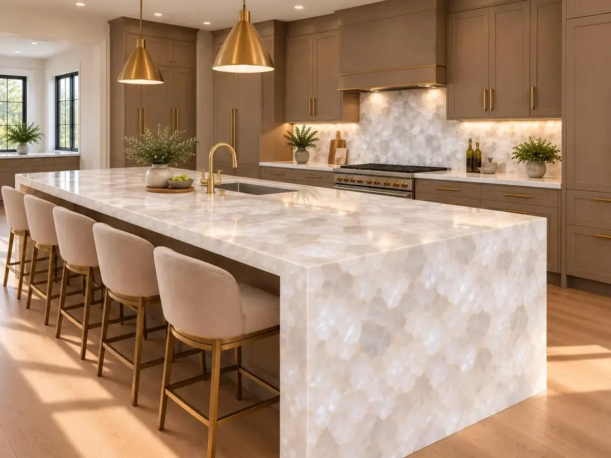 A kitchen with a long stone waterfall island and stools