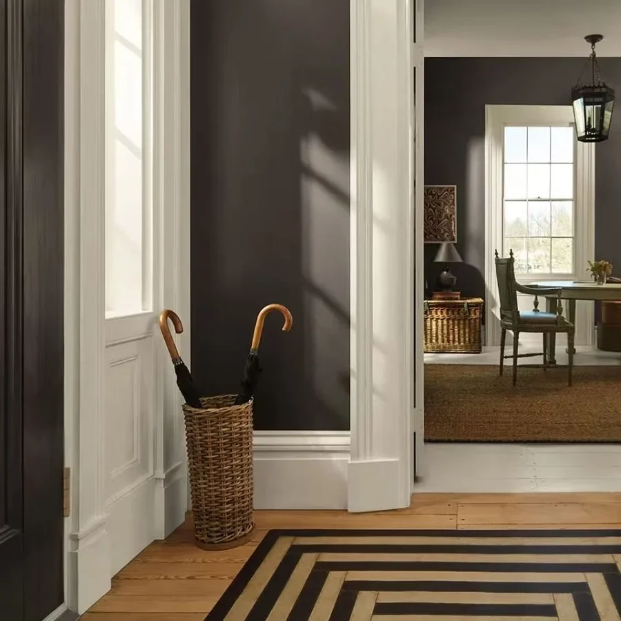 An entry hall with charcoal walls, white trim and a striped rug